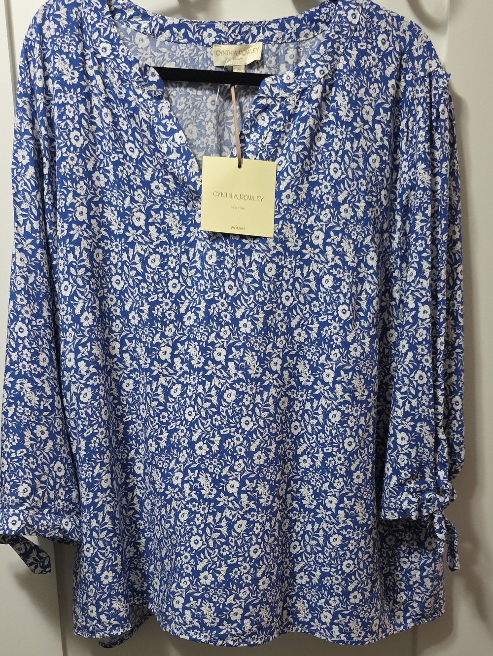 Cynthia Rowley Blue & White Floral 3/4 Sleeve Women's Popover Blouse NWT 2X